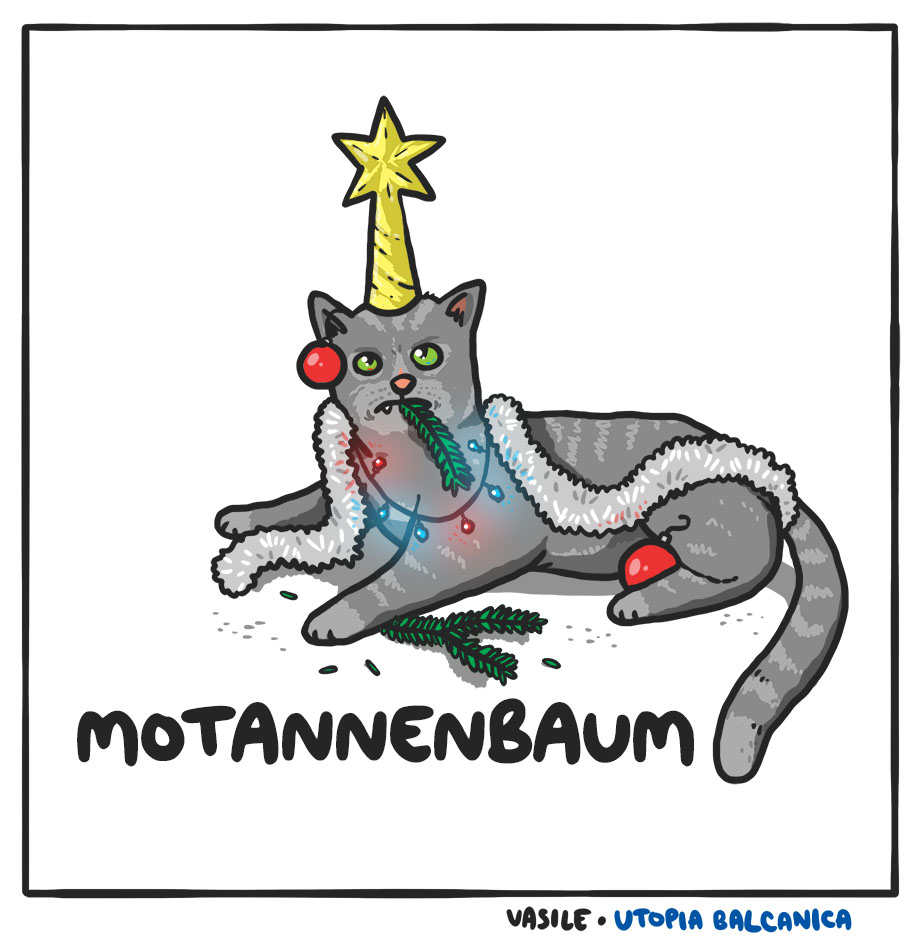Pisică împodobită cu globuri, beteală, o stea în cap şi o crenguţă în bot. Motannenbaum.